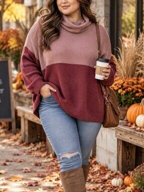 Cloth Two-Tone Cowl Neck Sweater in Dusty Rose & Wine size XXL